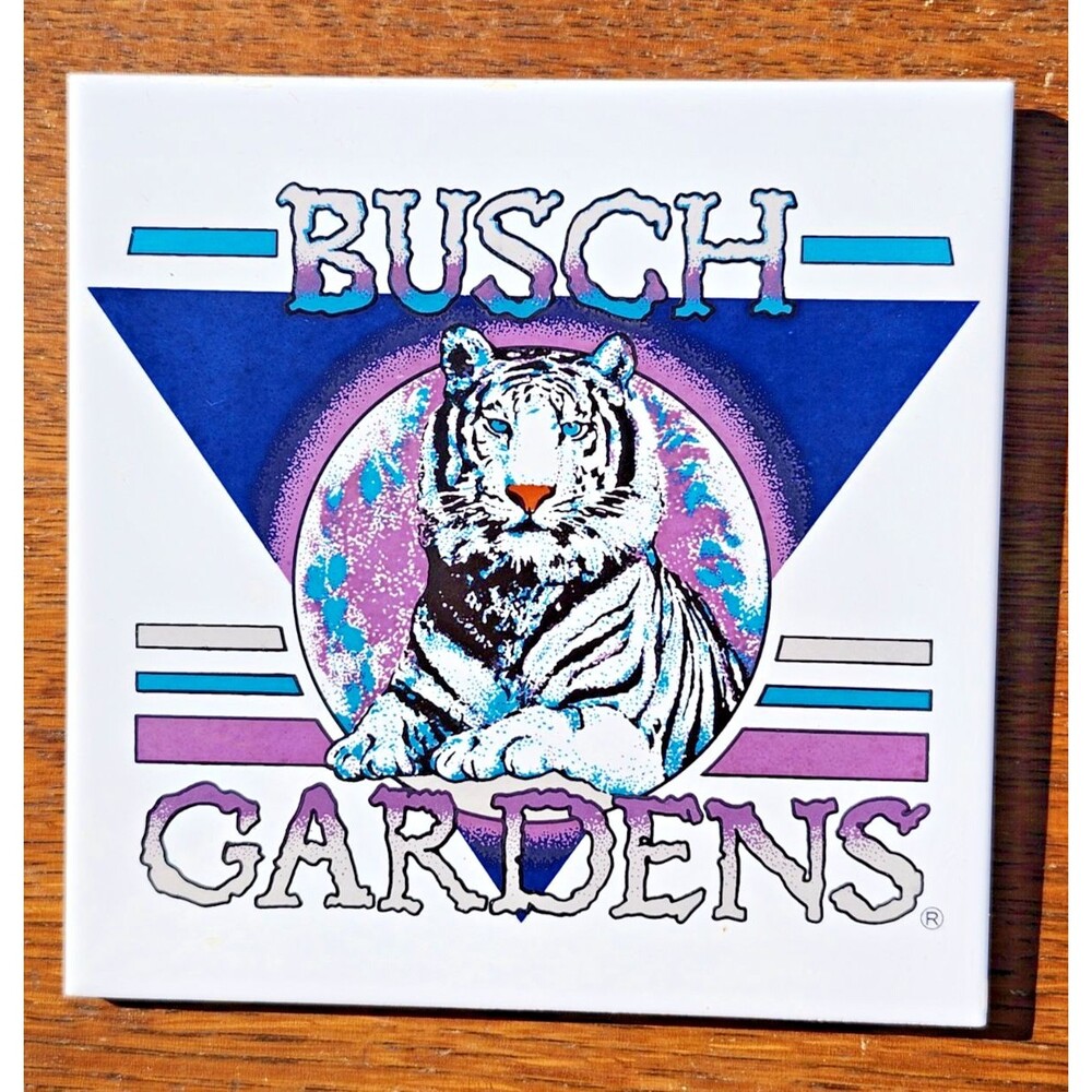 Vintage 1990s Busch Gardens White Tiger Ceramic Souvenir Art Tile Trivet 6x6